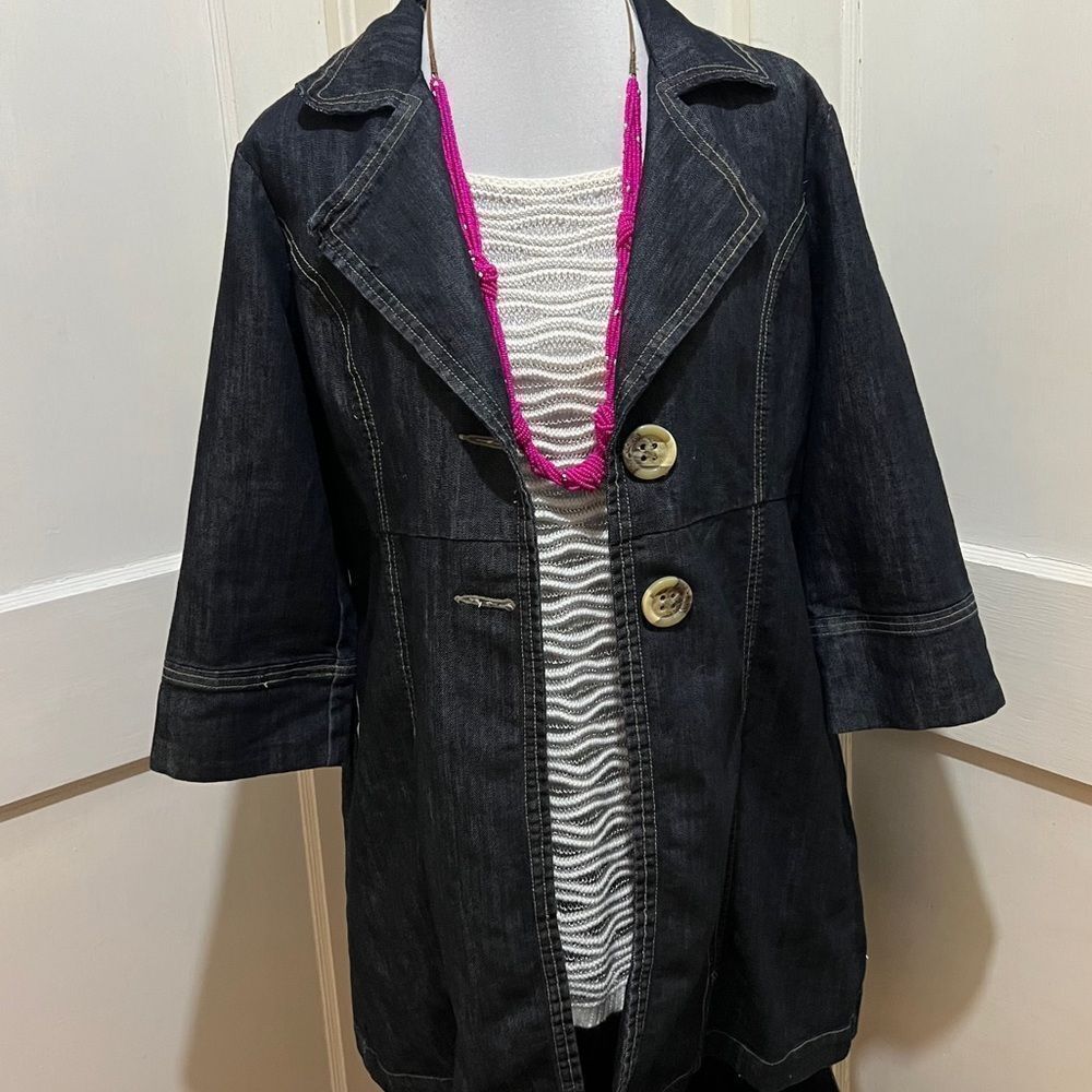 Baccini Spring 3/4 Sleeve Tunic Length Jean Jacket Dark Wash Light Women's L